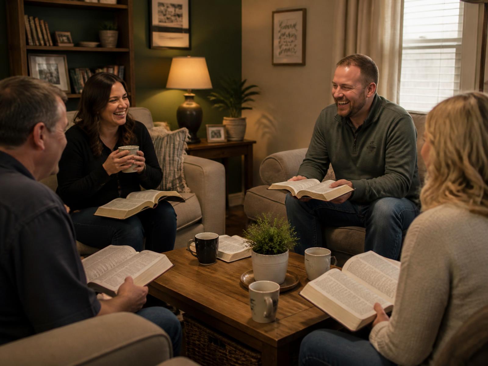 A small group gathered around a table in conversation
