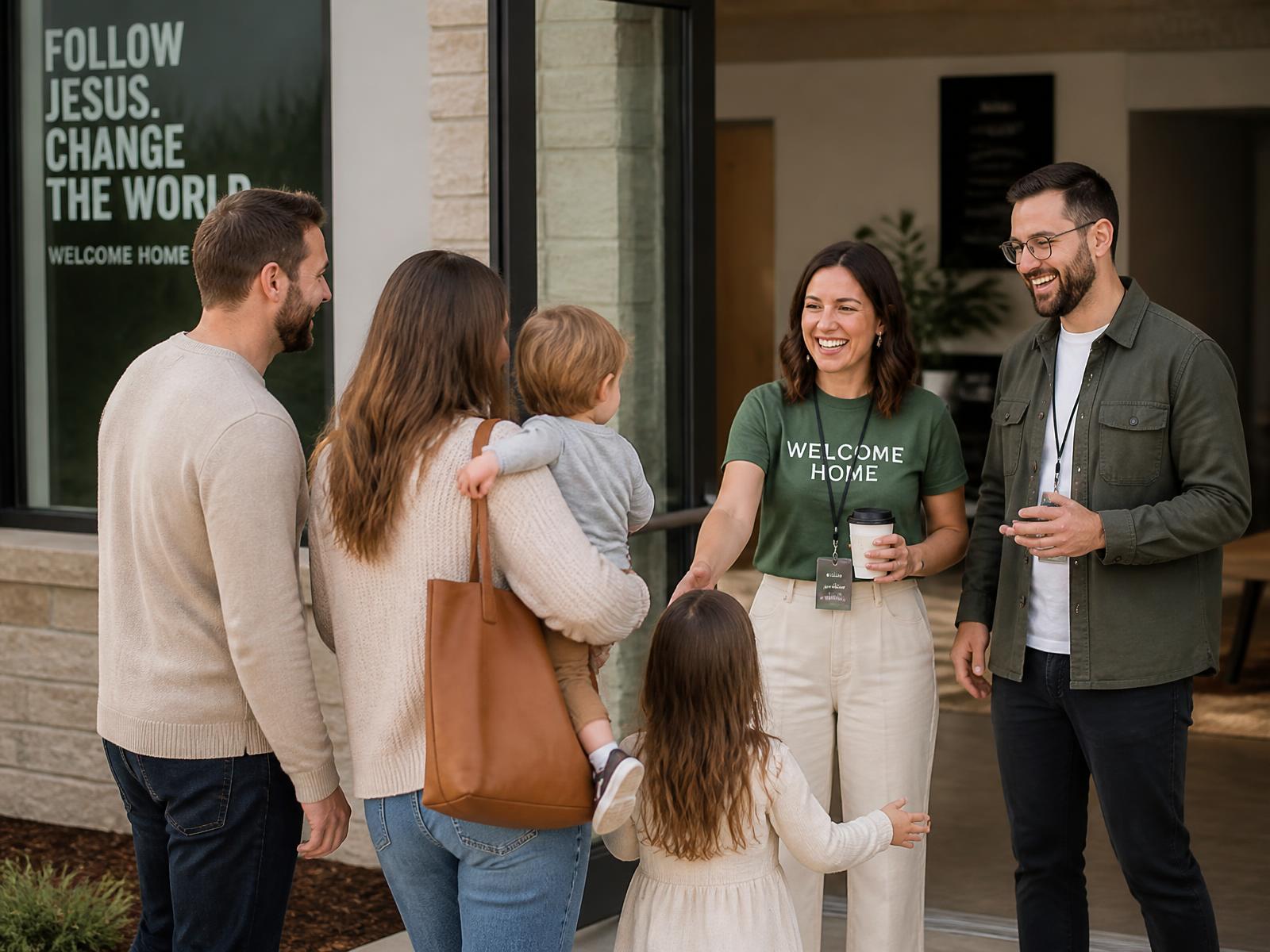 Greeters welcoming a family at the church entrance
